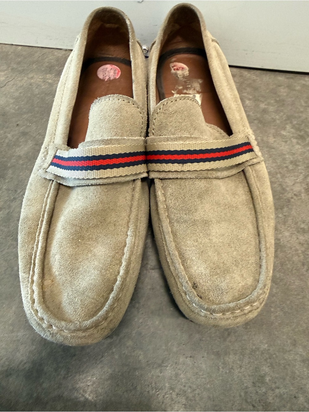 Tommy Hilfiger Tan Suede Loafers with Navy and Red Stripe